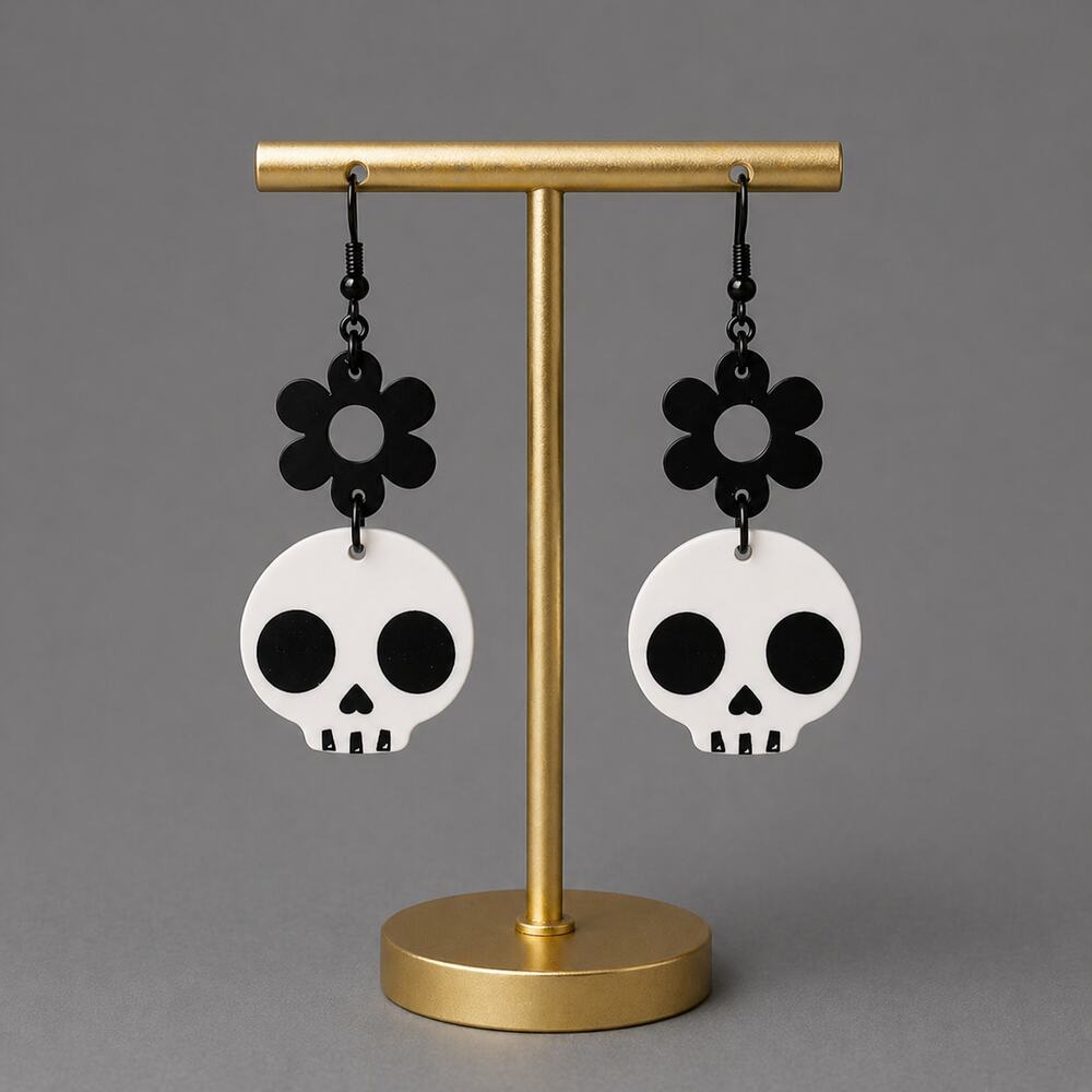 Skull Daisy Earrings Black and White Acrylic Lightweight Whimsey Goth